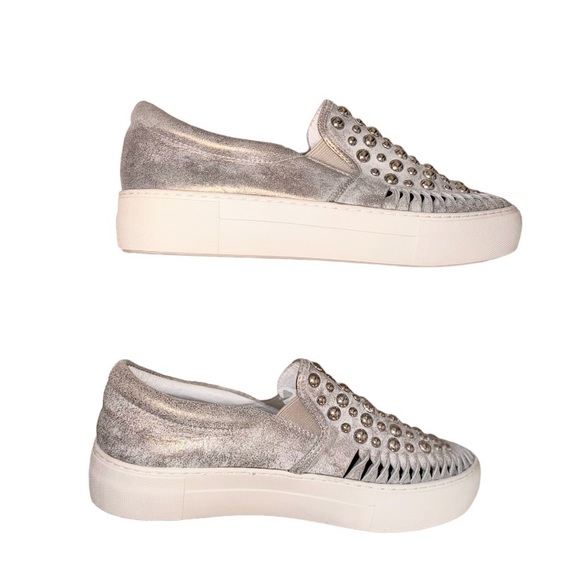 Wrn1X NYC J SLIDES Stud metallic gold leather sneakers women’s shoes size 7.5 - Picture 9 of 17